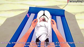 Arlecchino sex v bikině na pláži v Genshin Impact fantasy 3D karikatuře