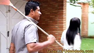 I watch the gardener give my naughty boss a blowjob with her big tits