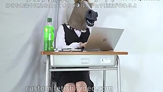 Female Office Worker Wearing Mask Engages In Fetish Activities At Work.