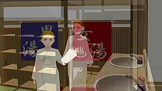 Anime woman enjoys a relaxing bath in japanese public sento