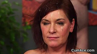 Intriguing bombshell receives facial and swallows every drop