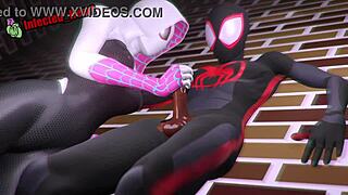 spider gwen gets fucked against the wall with handjob and blowjob