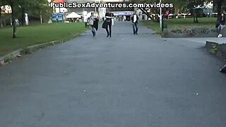 brunette with nice tits strips naked and fucks hard in public street