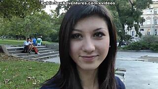 brunette with nice tits strips naked and fucks hard in public street