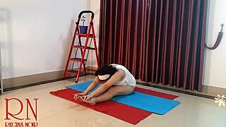 Wow, nude yoga in white panties at gym!