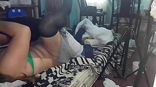 My girlfriend in green stockings fucks me missionary style