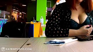 Katrin Porto flashes her big tits and hairy pussy while roaming the mall.
