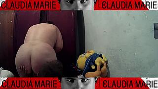 licking the fat woman's pussy between her thighs, tasting her vaginal fluids in a sexy fetish session.