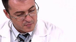 In the hospital, a babe gets fucked in a threesome, sucking two cocks with anal action