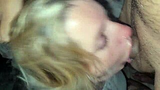 Blonde amateur deepthroats in garage, gets cum on face