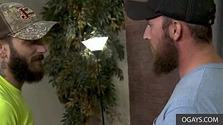 Bearded gay couple Dustin Steele and Matt Muck in raw deepthroat action. Condom off for hard fucking.