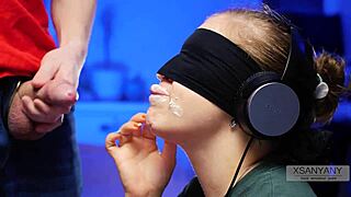 Xsanyany tricks best friend into tasting cum in blindfolded game close-up.