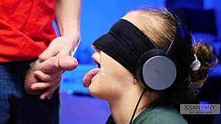 Xsanyany tricks best friend into tasting cum in blindfolded game close-up.
