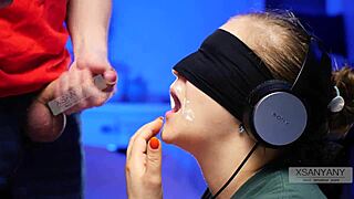 Xsanyany tricks best friend into tasting cum in blindfolded game close-up.