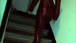 leather catsuit or pantyhose with miniskirt, femdom fetish vibes