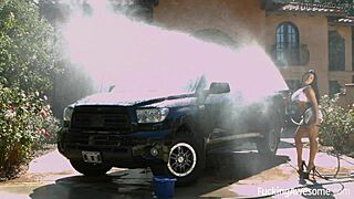 brunette pornstar gets titty fucked and bent over at the car wash with a monster cock