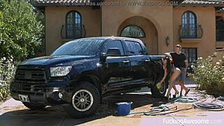 brunette pornstar gets titty fucked and bent over at the car wash with a monster cock