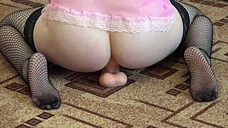 Brunette In Stockings Uses Toys For Stretching.