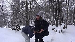 Hot student sucks professor's big dick after ski lesson, outdoor fun.