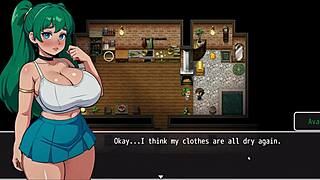 Cute girl slips in bathtub, huge tits bouncing, wet pussy exposed in harem game