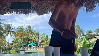 Backstage tour of a mini bikini wearing beauty playing beer pong and getting undressed