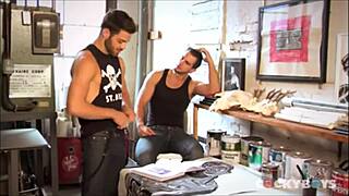 Pierced model gets ass-fucked in gay threesome.