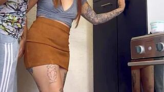 Buddy pushes his juicy cock into my tight wet vagina in the kitchen