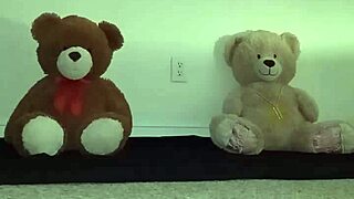 enjoying a threesome with brown and caucasian furry toy bears