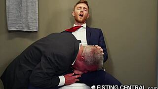 Mature boss catches employee jerking off in public with gloves on his ass, he says