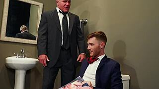 Mature boss catches employee jerking off in public with gloves on his ass, he says