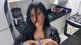 sensual lady in the kitchen masturbates with big tits 😍