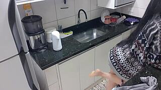 sensual lady in the kitchen masturbates with big tits 😍