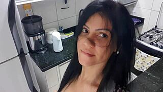 sensual lady in the kitchen masturbates with big tits 😍