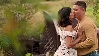 Fucking her hard on the bridge, cum covering her tits