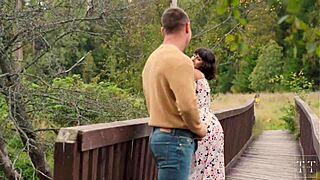 Fucking her hard on the bridge, cum covering her tits