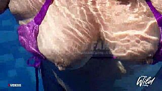 Busty Asian milf wife masturbating big tits outdoors in pool