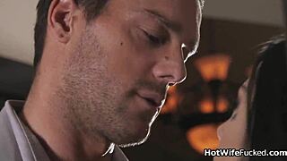 Busty housewife in lingerie gags playfully