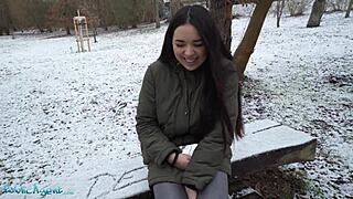 Public agent spanish brunette flashes big natural tits in the snow, then deepthroats monster cock