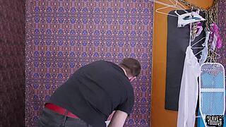 The brunette submissive licks her master's cock before receiving a rough cum shower