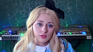 Alice drills her pussy with a rabbit carrot in spooky Wonderland cosplay.