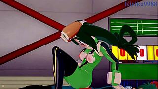 Tsuyu Asui and Mt Lady engage in intense sex with Izuku Midoriya in this My Hero Academia hentai scene