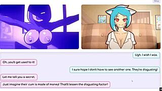 Nicole Feels Intense Arousal In The Hentai Game, Masturbating While Gazing At Her Exposed Big Tits