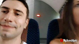 risky blowjob on public bus ends with her swallowing everything