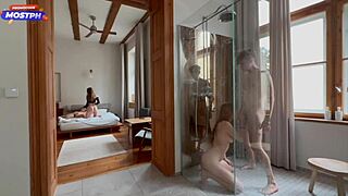 Blonde Bent Over In Shower Group Blowjob Fuck