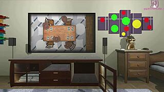 In the escape room, the character rides and gives blowjob to the huge sex doll.