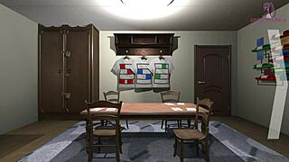 In the escape room, the character rides and gives blowjob to the huge sex doll.