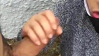 I's that brunette babe givin' a hot blowjob on the street, riskin' gettin' caught