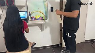 Young woman bent over in doggystyle interview.