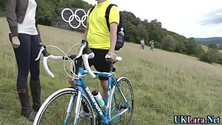 Spunked Stockings Brit Sucks Big Cock Outdoors in Classy Style!