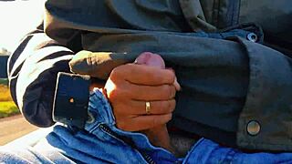Naughty hotwife jerks off on the road until she cums, almost getting caught